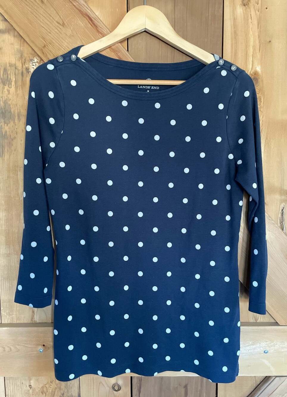 Lands' End Women Boat Neck Navy Blue Polka Dot 3/4 Sleeve 100% cotton, Size M